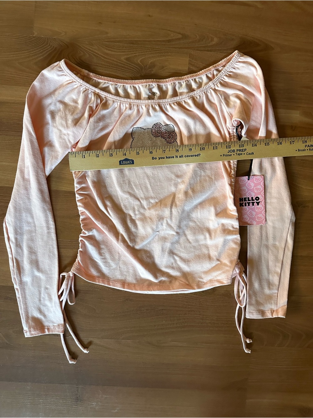 🆕 Hello Kitty Rhinestone Light Pink Off-Shoulder Ruched Long Sleeve Top - Picture 5 of 10